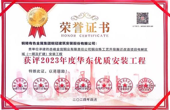 ky开元官网在线赤峰金剑铜业工程荣获华东优质安装工程奖