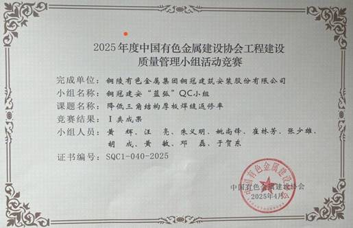 ky开元官网在线QC成果喜获有色金属建设行业奖 